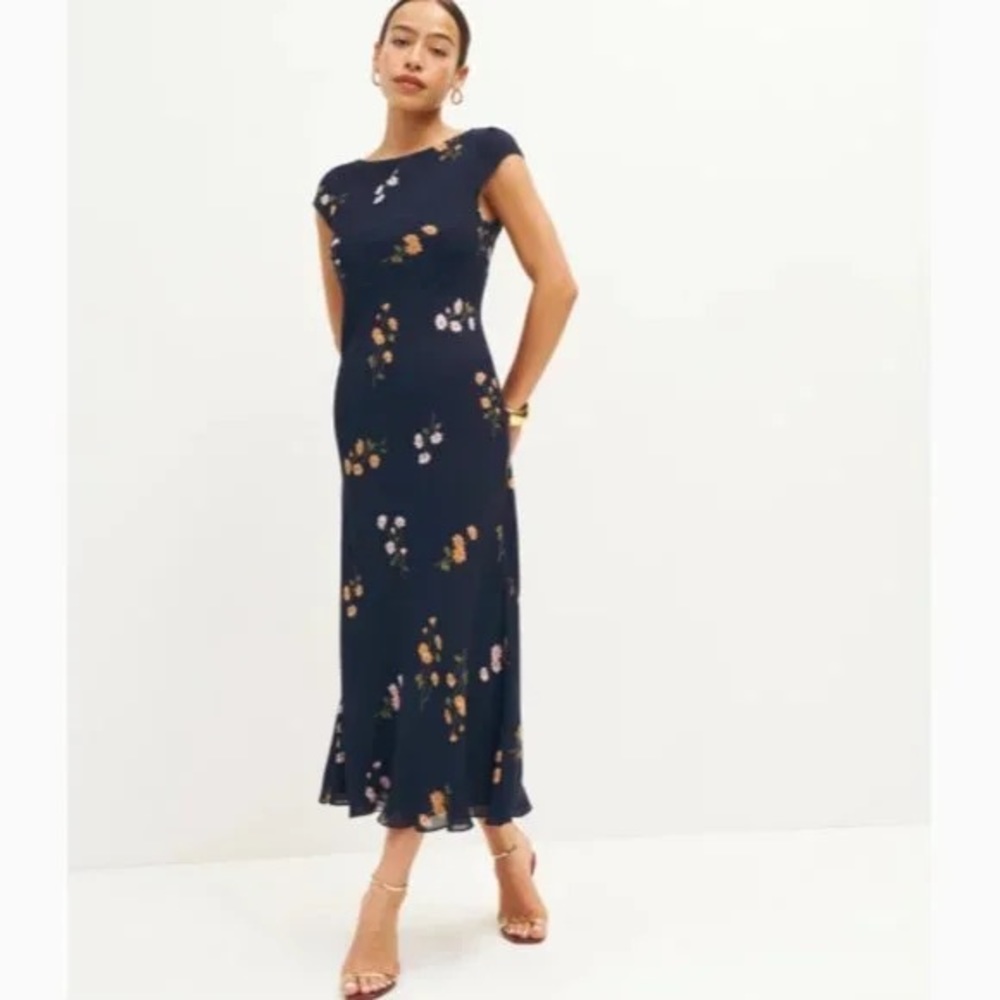 Reformation Madden Dress in Princess Margaret Blue Navy Floral Midi